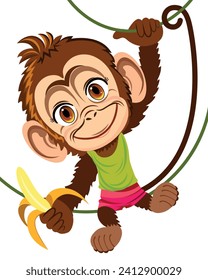 Cute monkey in full growth hanging on a vine smiling in his hand holding a banana Cartoon funny character Vector