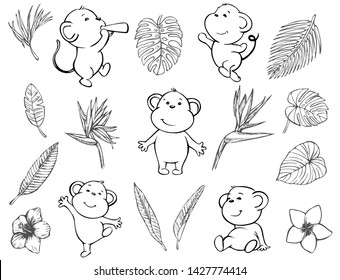 Cute monkey. Fun wild jungle animals in cartoony style for your textile, scrapbook paper, web and stationary design, adult coloring book, vector set.