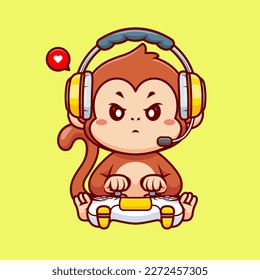 Cute Monkey Gaming Cartoon Vector Icon Illustration. Animal Technology Icon Concept Isolated Premium Vector. Flat Cartoon Style