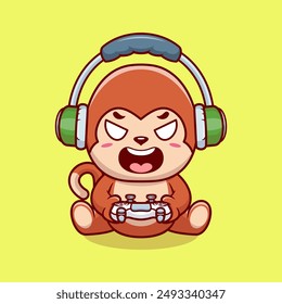 Cute monkey gaming cartoon vector icon illustration. Animal technology icon concept isolated