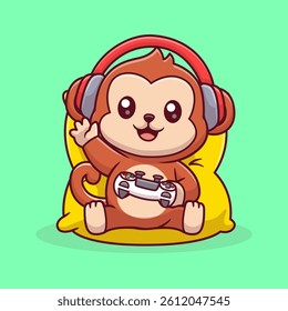 Cute Monkey Gaming On Pillow Cartoon Vector Icon Illustration. Animal Technology Icon Concept Isolated Premium Vector. Flat Cartoon Style