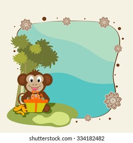 Cute Monkey with gift box and bananas on nature background for Chinese New Year celebration. 