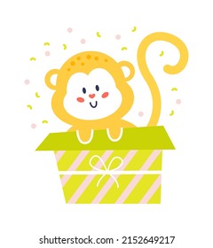 Cute Monkey in Gift Box Childish Design. Vector illustration