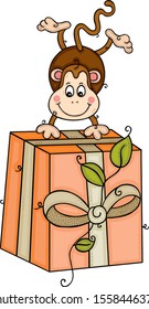 Cute monkey and gift box with ribbon bow and leaves