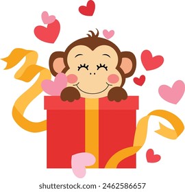 Cute monkey with gift and hearts
