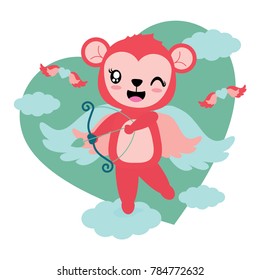 Cute monkey girl brings love arrow as cupid vector cartoon illustration for Happy Valentine card design, postcard, and wallpaper