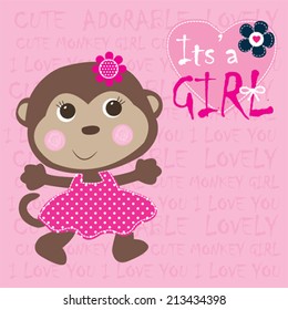 cute monkey girl card vector illustration