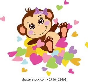 Cute monkey girl lying on top of hearts