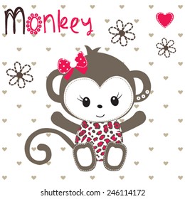 cute monkey girl on polka dot background vector illustration