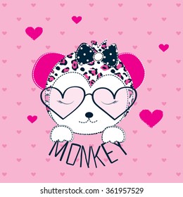 cute monkey girl with sunglasses on heart background vector illustration