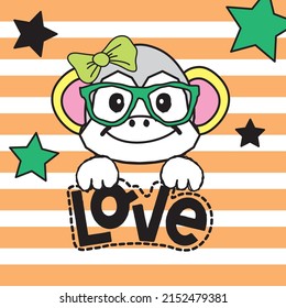 Cute monkey with glasses on striped background vector illustration. Love card with monkey.