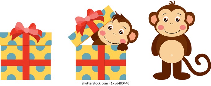 Cute monkey going out of yellow gift with red ribbon bow