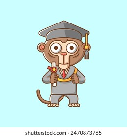 Cute monkey graduation diploma animal kawaii chibi character mascot illustration outline style design set