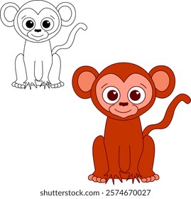 Cute monkey graphic line vector character, colored and black and white. isolated on transparent background mascot
