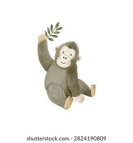 Cute monkey with green leaf in hand