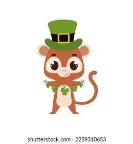 Cute monkey in green leprechaun hat with clover. Irish holiday folklore theme. Cartoon design for cards, decor, shirt, invitation. Vector stock illustration.