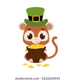 Cute monkey in green leprechaun hat holds bowler with gold coins. Irish holiday folklore theme. Cartoon design for cards, decor, shirt, invitation. Vector stock illustration.