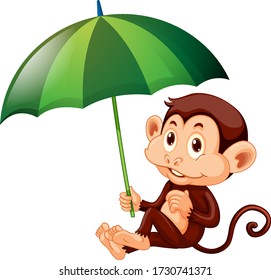 Mono lindo con paraguas verde en ilustración de fondo blanco