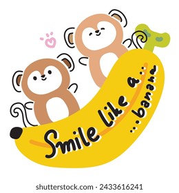 Cute monkey greeting with banana on white background.Line hand drawn style.Wild animal chracter cartoon design.Fruit.Quotes.Kawaii.Vector.Illustration.