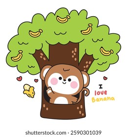 Cute monkey greeting and stay on tree.I love banana text.Banana fruit.Wild animal character cartoon design.Kawaii.Vector.Illustration.