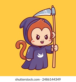 Cute Monkey Grim Reaper Cartoon Vector Icon Illustration. Animal Holiday Icon Concept Isolated Premium Vector. Flat Cartoon Style