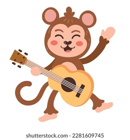 Cute monkey guitarist playing fun music icon isolated