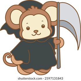 Cute Monkey Halloween vector icon. Funny baby Monkey animal series Halloween illustration.
monkey with angel of death costume
