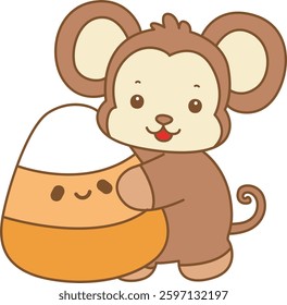 Cute Monkey Halloween vector icon. Funny baby Monkey animal series Halloween illustration.
monkey hugging a yellow candy
