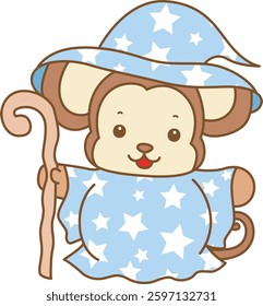 Cute Monkey Halloween vector icon. Funny baby Monkey animal series Halloween illustration.
monkey with blue witch costume
