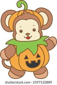Cute Monkey Halloween vector icon. Funny baby Monkey animal series Halloween illustration.
monkey with pumpkin costume 
