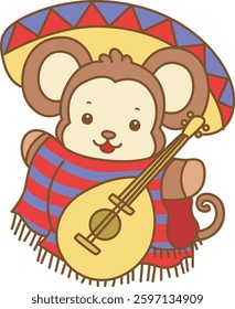 Cute Monkey Halloween vector icon. Funny baby Monkey animal series Halloween illustration.
monkey with old fashion and guitar
