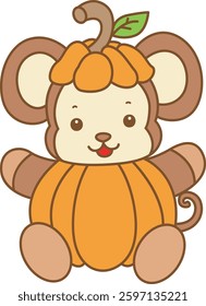 Cute Monkey Halloween vector icon. Funny baby Monkey animal series Halloween illustration.
monkey with pumpkin vegetable costume

