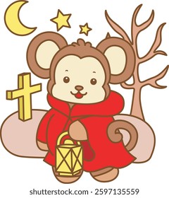 Cute Monkey Halloween vector icon. Funny baby Monkey animal series Halloween illustration.
monkey with red Hoodie costume in the grave
