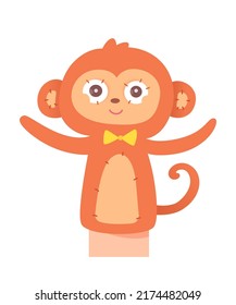 Cute Monkey Hand Doll For Puppet Show Vector Illustration. Cartoon Isolated Sock Toy For Actor Performing Puppetry On Theater Stage, Funny Little Forest Animal For Theatre Performance In Kindergarten