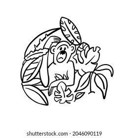 Cute monkey hand drawn contour vector illustration for design. Adorable character with leaves for posters. T-shirt design jungle concept for lettering and printing.
