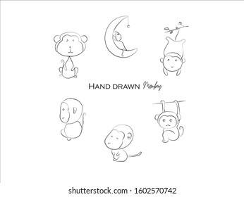 cute monkey hand drawn icon vector set line art, Doodle Cartoon Animals in black and white style, Perfect for invitations,greeting cards, prints, posters