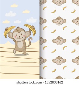 cute monkey hand drawn illustration with pattern