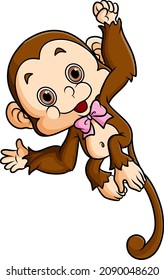 The cute monkey is hanging and hand waving of illustration