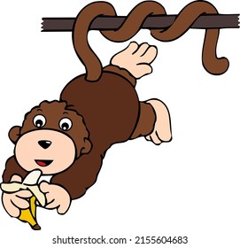 Cute monkey hanging from iron bar eating a banana
