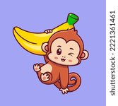 Cute Monkey Hanging On Banana Cartoon Vector Icon Illustration. Animal Food Icon Concept Isolated Premium Vector. Flat Cartoon Style