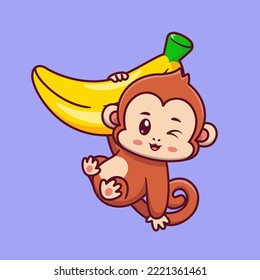 Cute Monkey Hanging On Banana Cartoon Vector Icon Illustration. Animal Food Icon Concept Isolated Premium Vector. Flat Cartoon Style