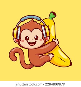 Cute Monkey Hanging On Banana With Headphone Cartoon Vector Icon Illustration. Animal Technology Icon Concept Isolated Premium Vector. Flat Cartoon Style