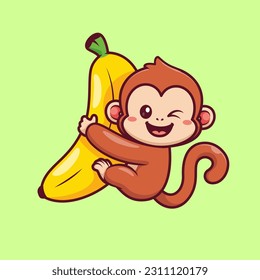 Cute Monkey Hanging On Banana Cartoon Vector Icon Illustration. Animal Food Icon Concept Isolated Premium Vector. Flat Cartoon Style