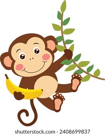 Cute monkey hanging on branch tree holding a banana
