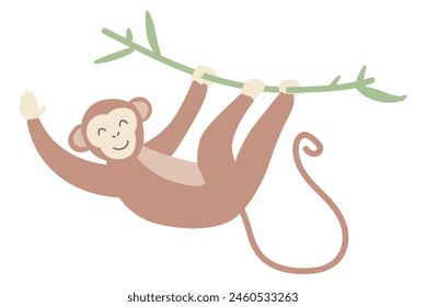 Cute monkey hanging on branch in flat design. Happy wildlife chimpanzee. Vector illustration isolated.