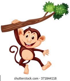 Cute monkey hanging on the branch illustration