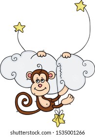 Cute monkey hanging on cloud with stars
