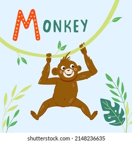 Cute Monkey hanging on liana vector illustration on blue sky. Cute animal in cartoon style