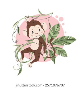 Cute monkey hanging on a liana on a white background. Vector illustration of an African animal for a children's card, sticker, print, etc.