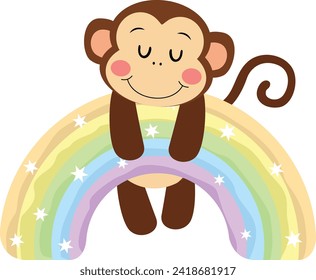 Cute monkey hanging on magic rainbow
